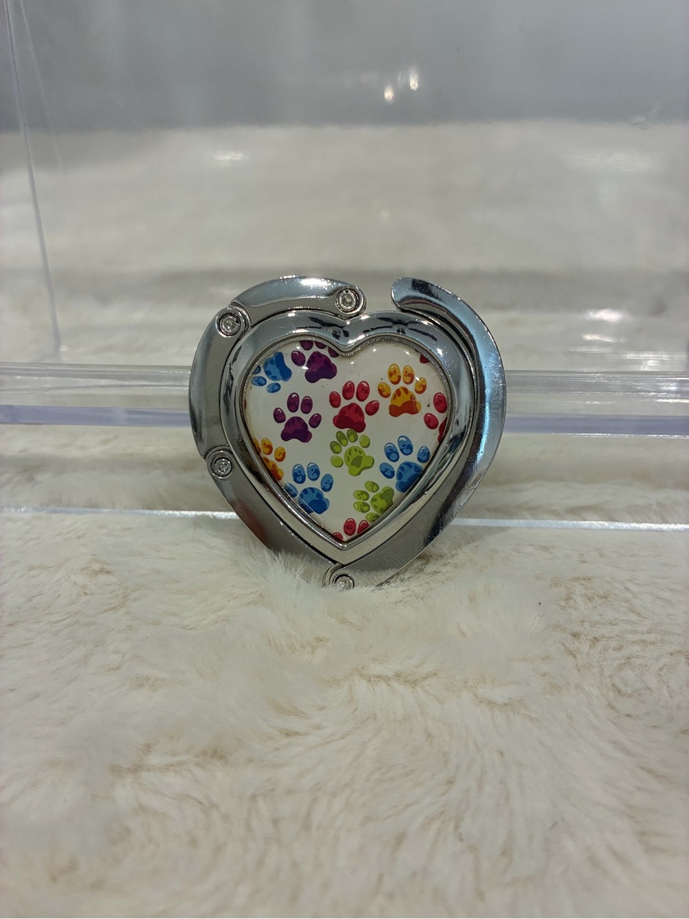 Heart-Shaped Paw Print Pet Accessory – Silver with Multicolor Paw Design Bag